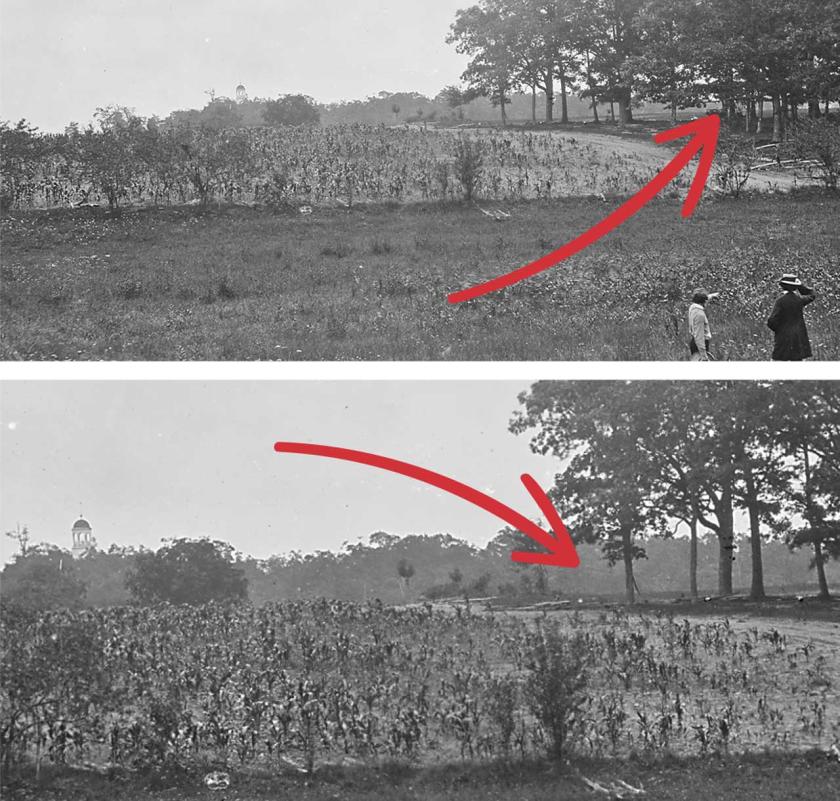 In this July 1863 Mathew Brady view, you can see in the distance part of the tract we’re trying to save, at right, looking through Reynolds Woods. Note the Seminary looming above the trees in the center (and at left in the detail above).