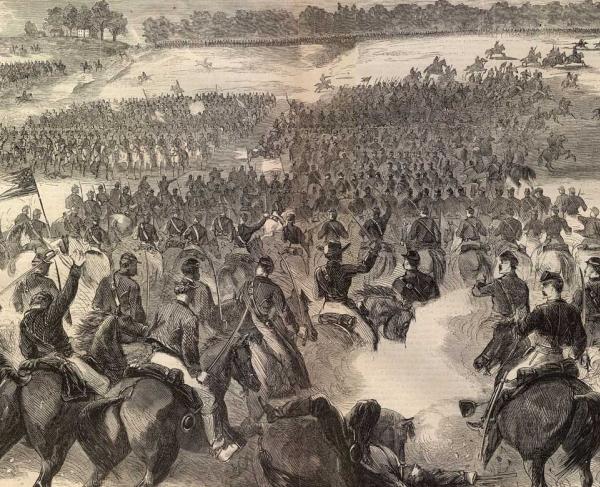 Illustration of Union cavalry attack at St. James Church on the Brandy Station Battlefield