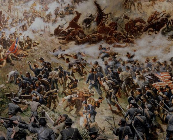 A painting of a forces engaging at the Civil War Battle of Atlanta