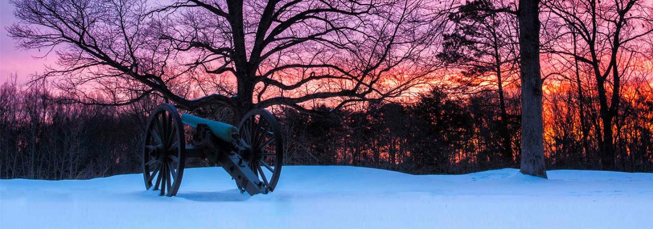 Cannon in snow at Prospect Hill, Fredericksburg Battlefield, Va.