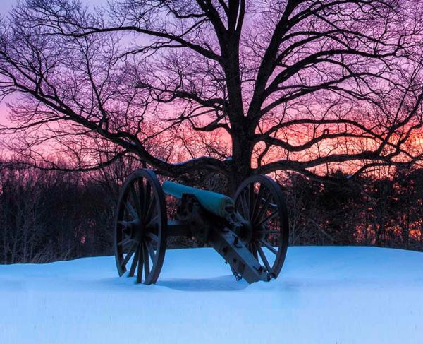 Cannon in snow at Prospect Hill, Fredericksburg Battlefield, Va.