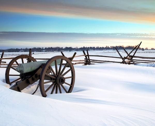 Cannons in the snow at Gettysburg National Military Park, Pa.