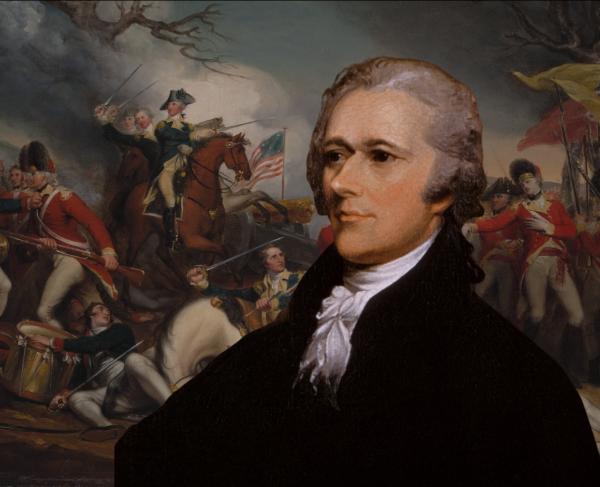 A portrait of Alexander Hamilton stitched on top of a painting of the Battle of Princeton