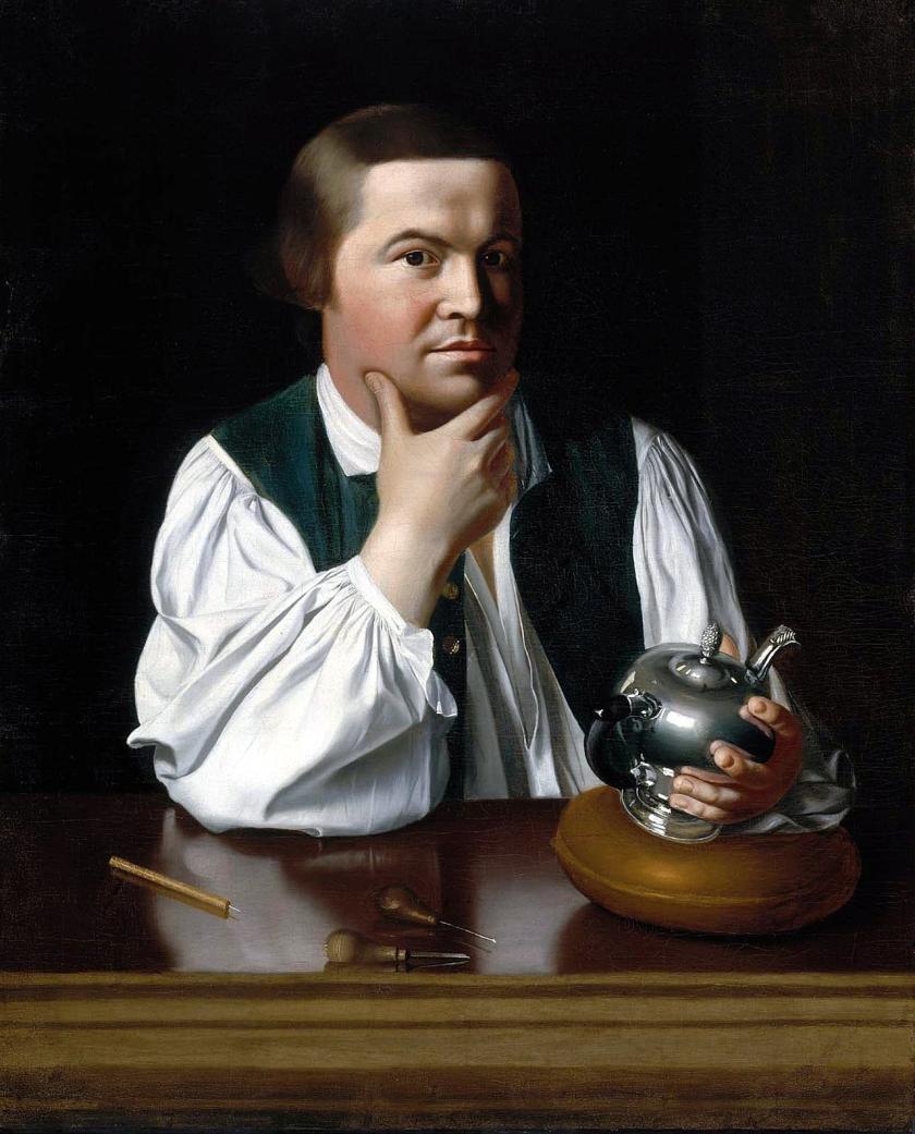 Painting of a man holding a metal teapot. 