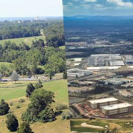 A photo of Manassas National Battlefield Park next to a photo of sprawling data center development in Loudon County.