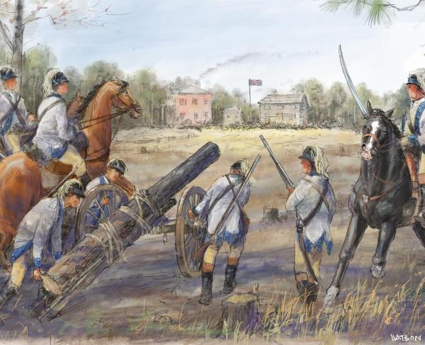 Patriot Colonel William and his men created a fake cannon from a pine log.