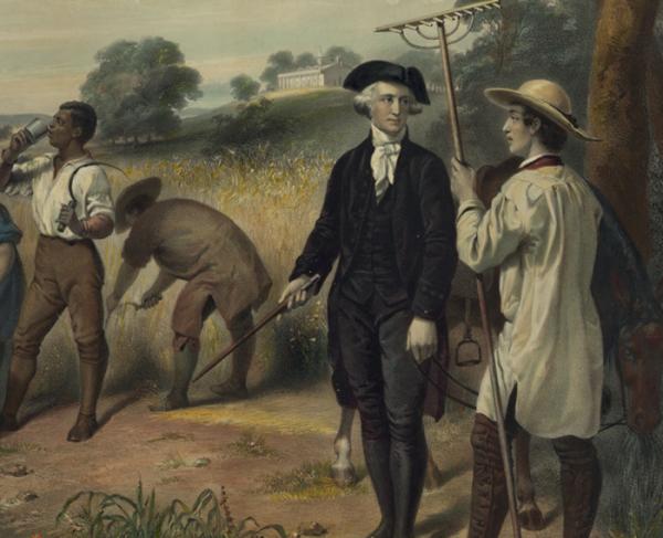 "Life of George Washington - The Farmer" by Junius Stearns shows Washington standing among African-American field workers harvesting grain; Mount Vernon in the background.