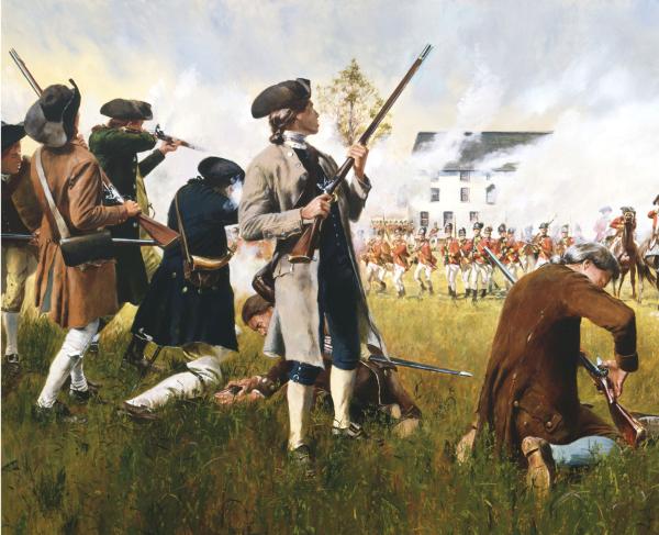 Young colonial militiamen exchange fire against British redcoats at sunrise in this painting. 