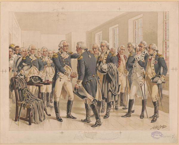 Print shows George Washington shaking hands with an officer, among other officers of the Continental Army, as he bids them farewell in 1783, at the end of the American Revolution.